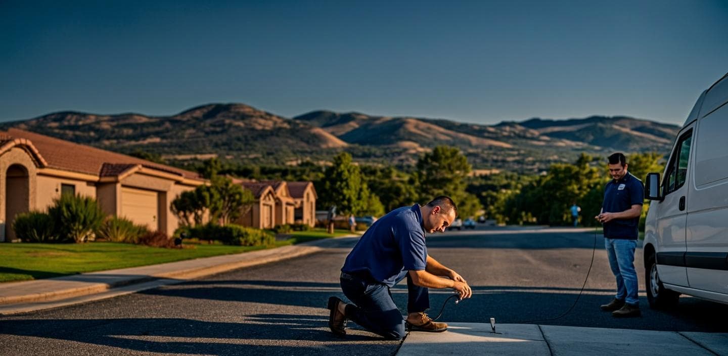 Temecula Leak Detection technicians at work on a residential street at golden dusk — acoustic ground microphone on a driveway beside an unmarked service van, with Temecula Valley hills and a navy and copper sunset sky