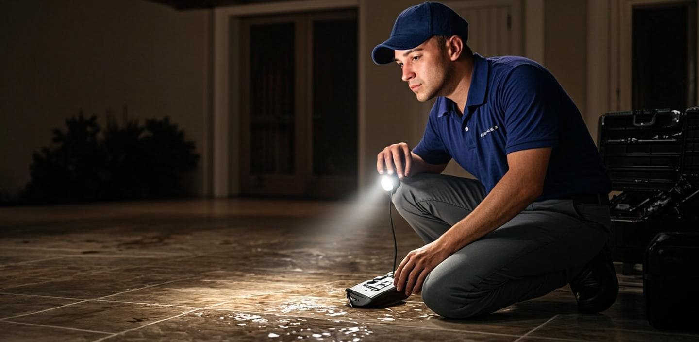Emergency leak detection technician with flashlight and acoustic equipment locating a nighttime water leak in a Temecula, CA home