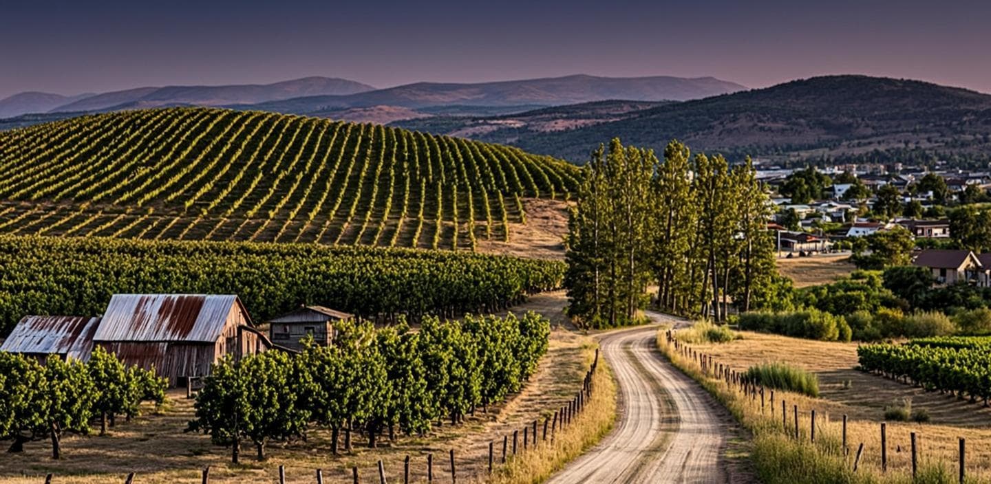 Terraced avocado grove hillsides in Fallbrook, CA at golden dusk — rows of avocado and citrus trees on a sloping hillside, a barn and farmhouse below, eucalyptus windrows lining a dirt farm road, with a distant mountain ridgeline