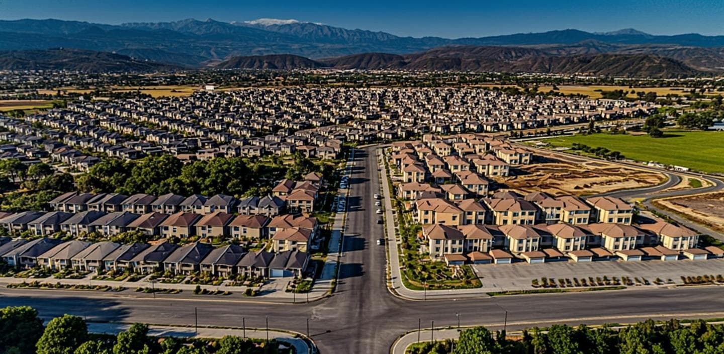 Brand-new master-planned subdivisions with tile roofs and young landscaping along the Winchester Road corridor in French Valley, CA at golden dusk, with the county airport runway and distant hills beyond