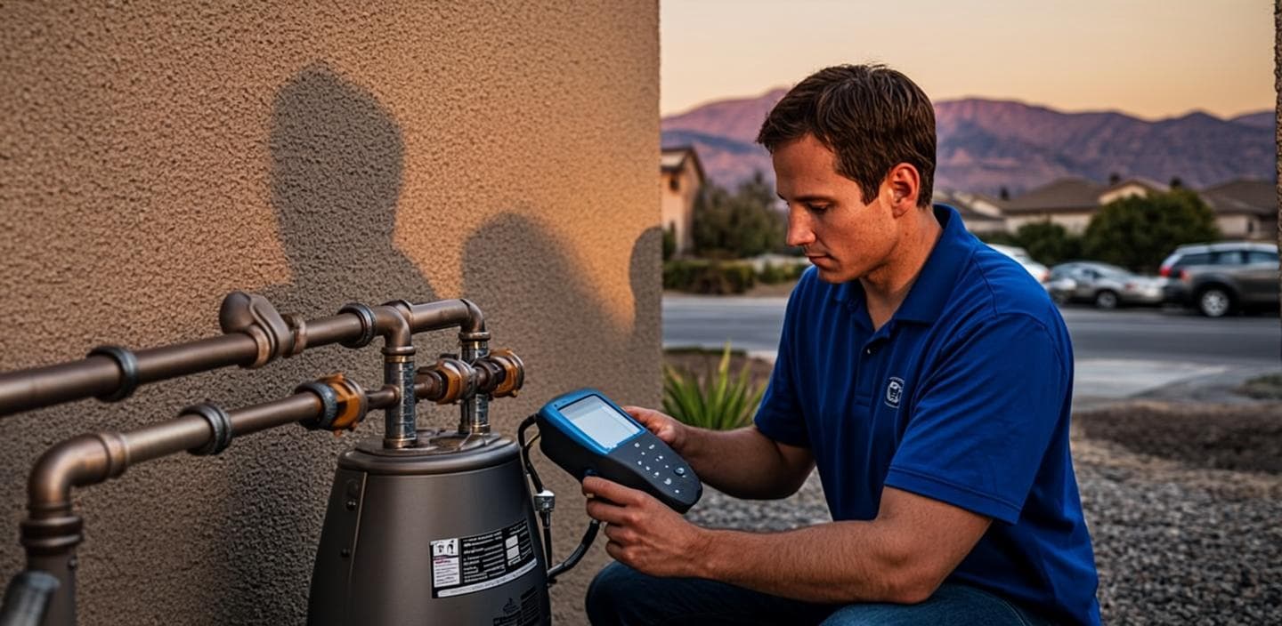 Leak detection specialist holding a combustible gas detector probe at a residential gas meter set on a stucco wall at dusk in Temecula, CA