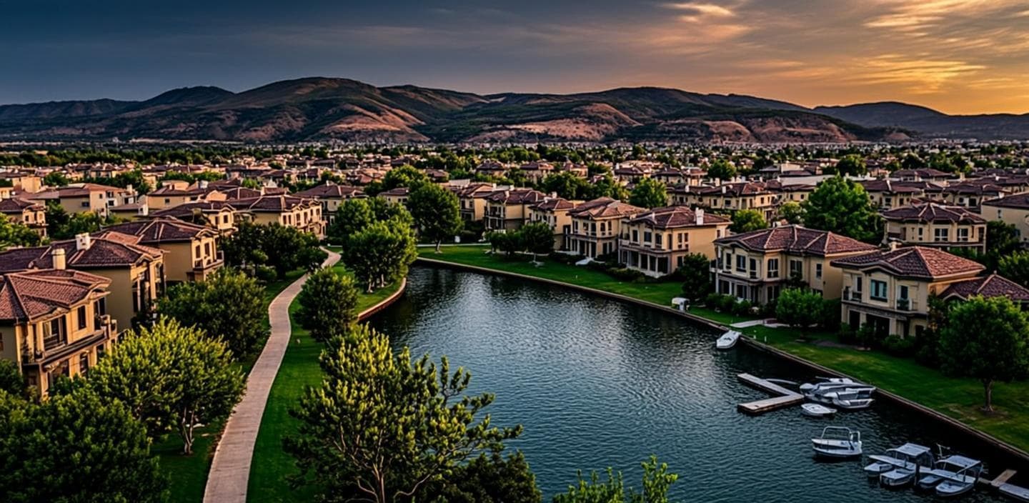 Mediterranean rooftops around the private lake of the Harveston community in Temecula, CA at golden dusk with tree-lined paseos and dry hills beyond
