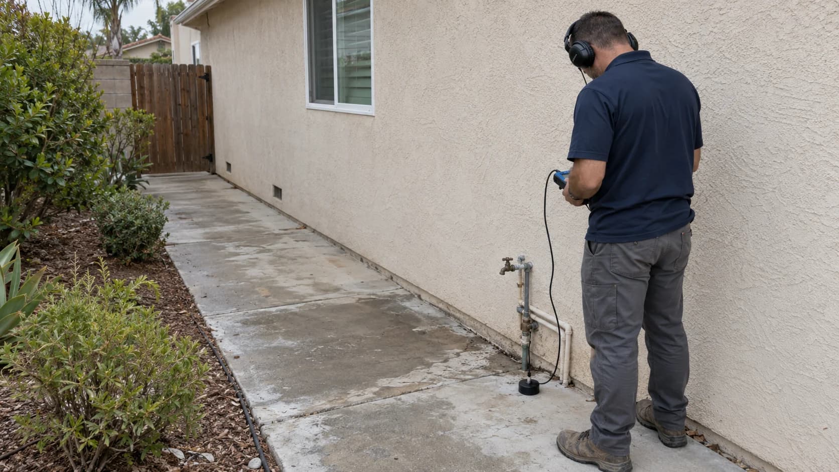 Leak detection technician using acoustic equipment to locate a hidden water leak at the exterior of a Temecula, CA home
