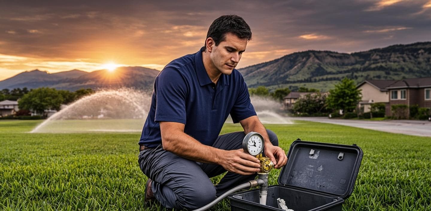 Leak detection specialist kneeling beside an open irrigation valve box with a pressure gauge on a dewy Temecula, CA lawn at dawn