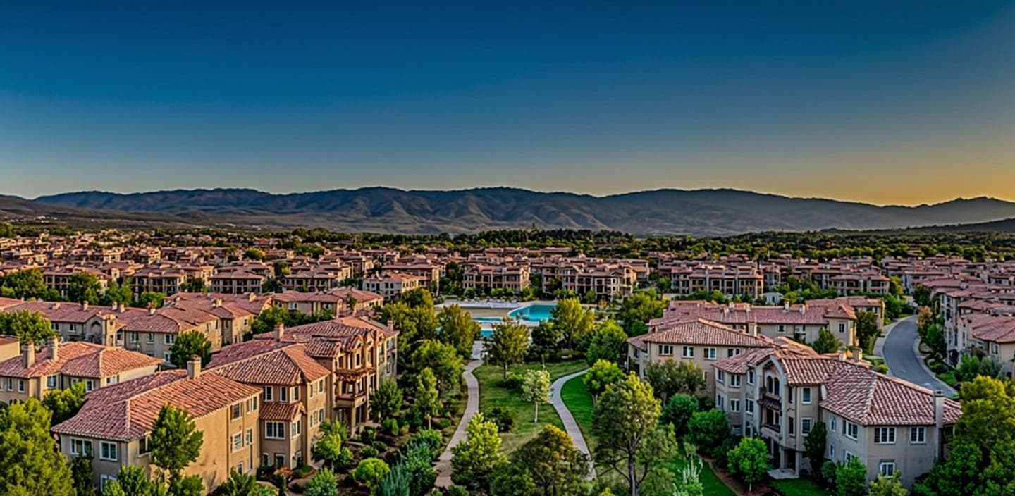 Rooftops, community pools and greenbelt trails of the Paloma del Sol master-planned community in Temecula, CA at golden dusk with lit tennis courts and dry hills beyond