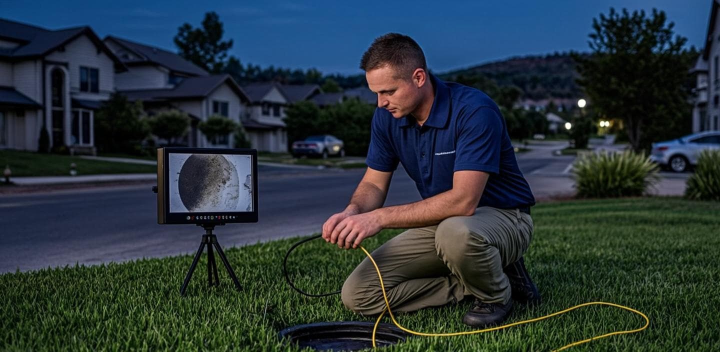 Leak detection specialist feeding a sewer inspection camera into a yard cleanout in Temecula, CA with live pipe footage on a monitor