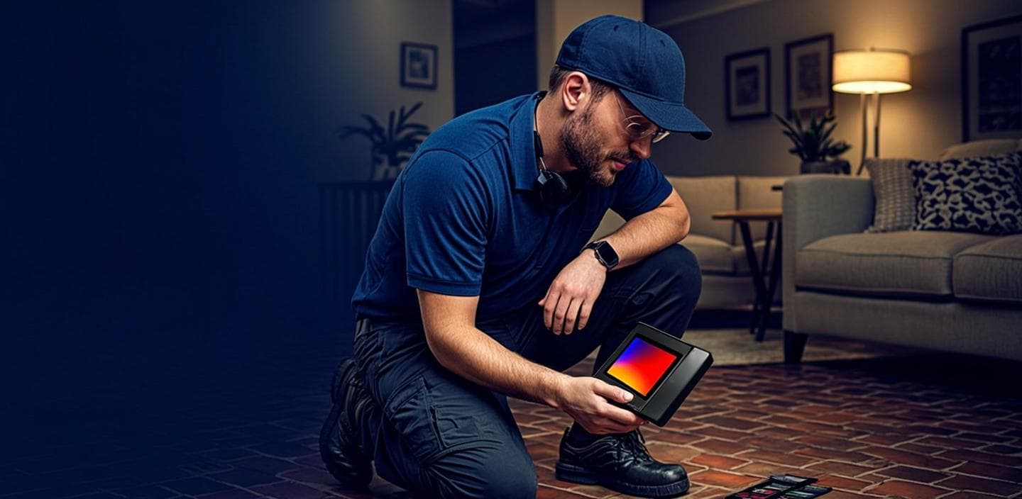 Leak detection technician scanning a warm tile floor with a thermal imaging camera to locate a slab leak in Temecula, CA