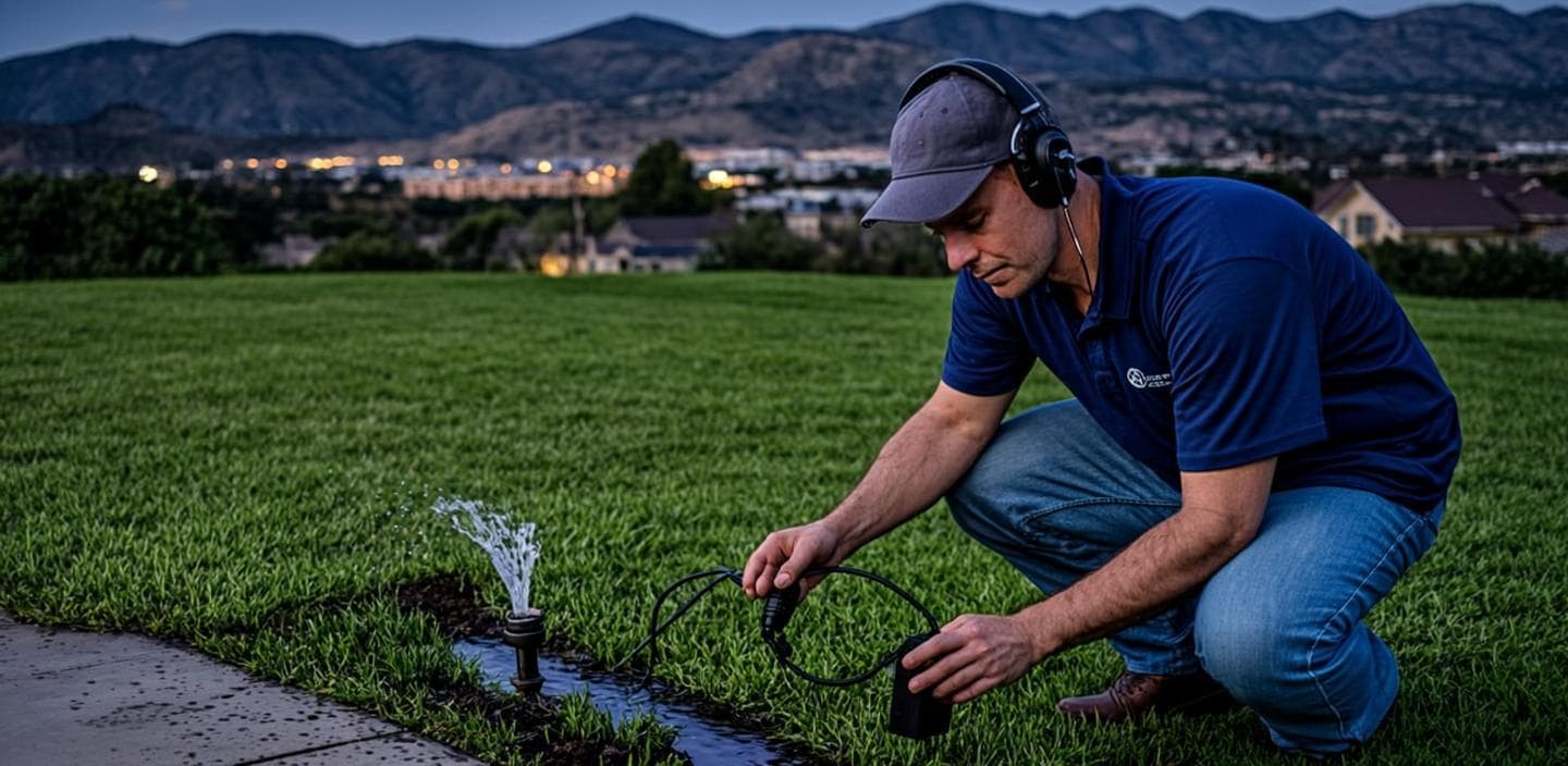 Leak detection technician with headphones using a ground microphone to locate a buried pipe leak beneath a Temecula, CA backyard lawn