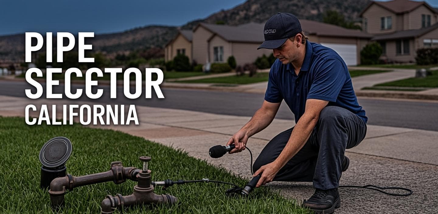 Leak detection technician using a ground microphone to locate a main water line leak beside a Temecula, CA driveway