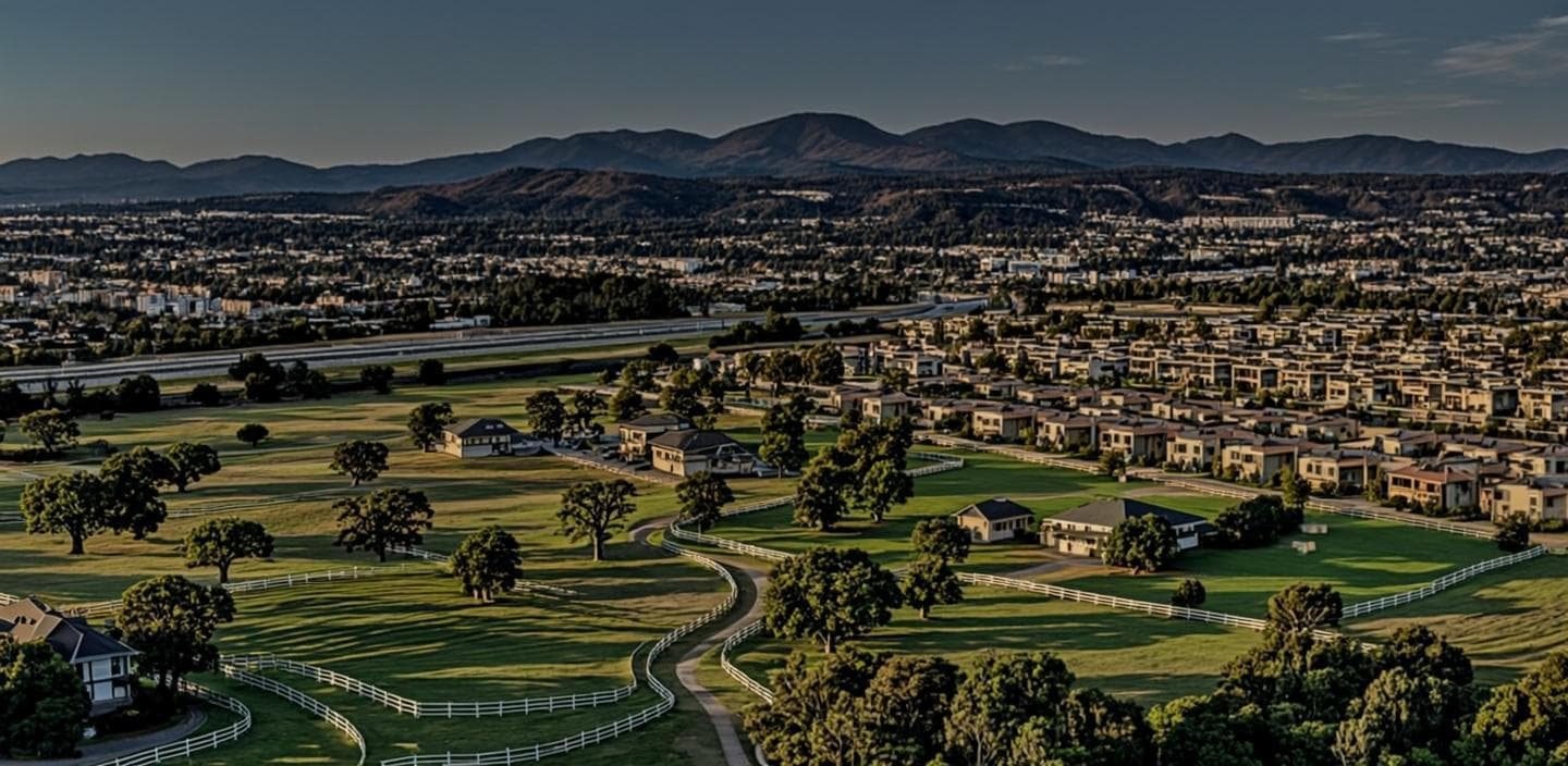 Half-acre ranchettes with horse paddocks and oak trees beside new tract rooftops in Wildomar, CA at golden dusk, with the I-15 corridor and the Santa Ana Mountains beyond