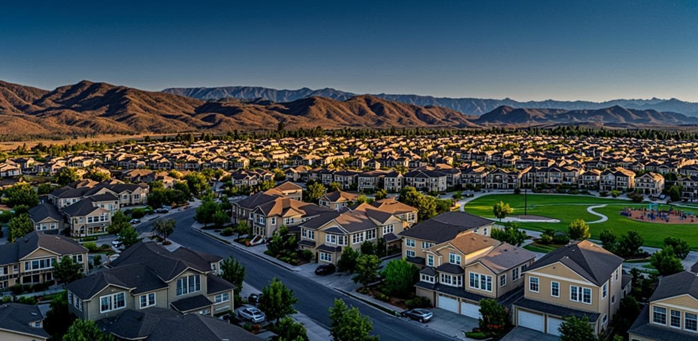 Two-story rooftops and landscaped yards of the Wolf Creek master-planned community in Temecula, CA at golden dusk with greenbelt corridors and dry hills beyond