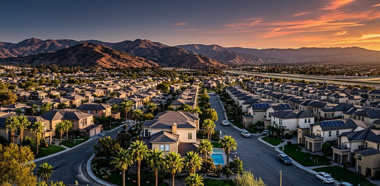 1960s single-story retirement homes with palm trees and backyard pools beside newer master-planned rooftops in Menifee, CA at golden dusk, with the I-215 corridor and distant mountains beyond
