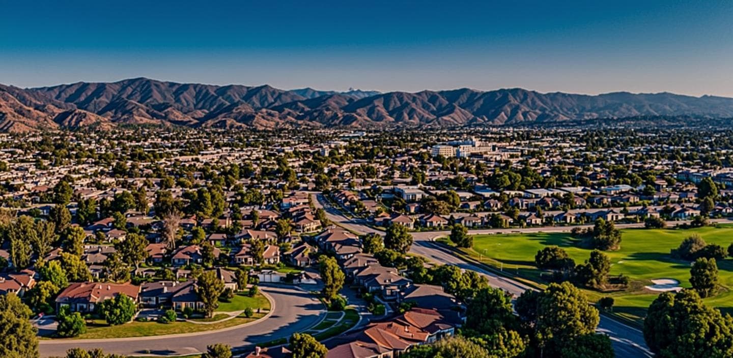 Hillside homes, tract rooftops and the freeway corridor of Murrieta, CA at golden dusk with dry green hills and the Temecula Valley beyond