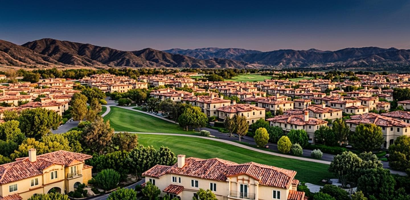Spanish Revival rooftops of the Redhawk community in Temecula, CA at golden dusk with golf-course fairways and dry hills beyond