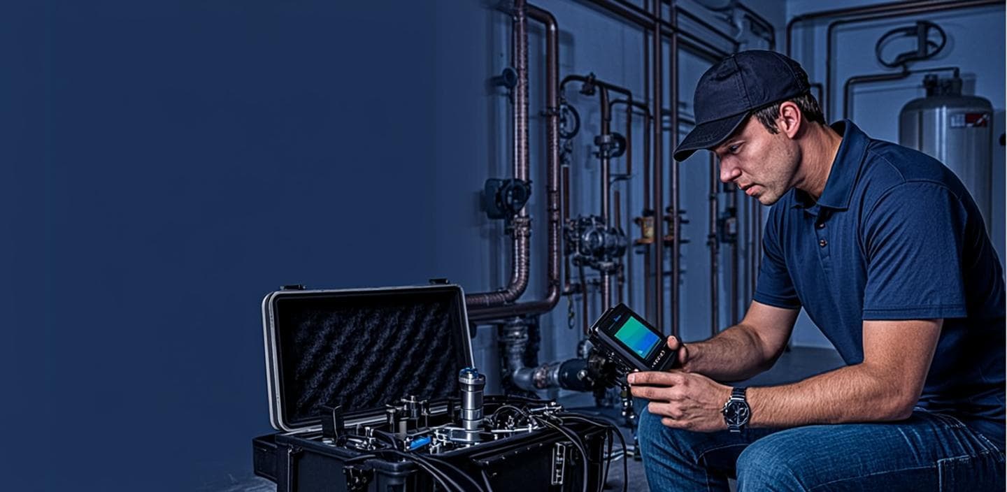 Leak detection technician testing copper and PEX plumbing with acoustic and thermal imaging equipment